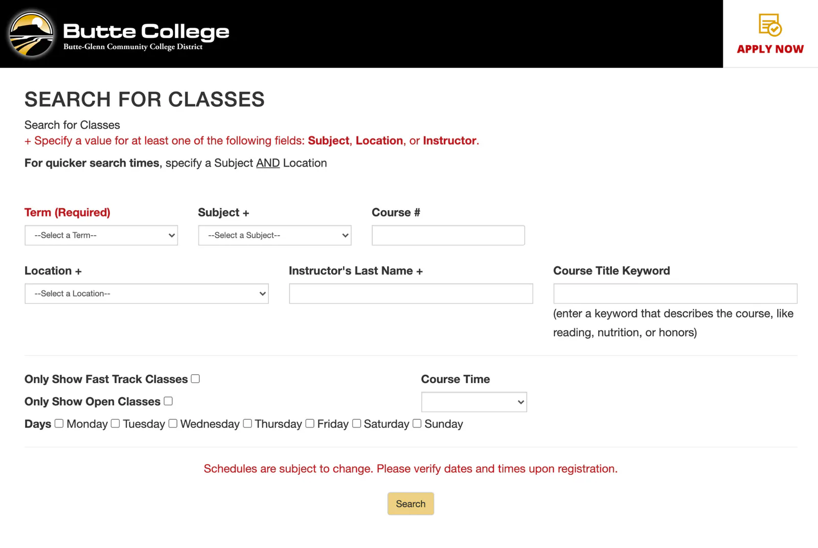 The original Search for Classes page: a dense desktop form with small dropdowns, text fields, rows of day checkboxes, and red instructional text.