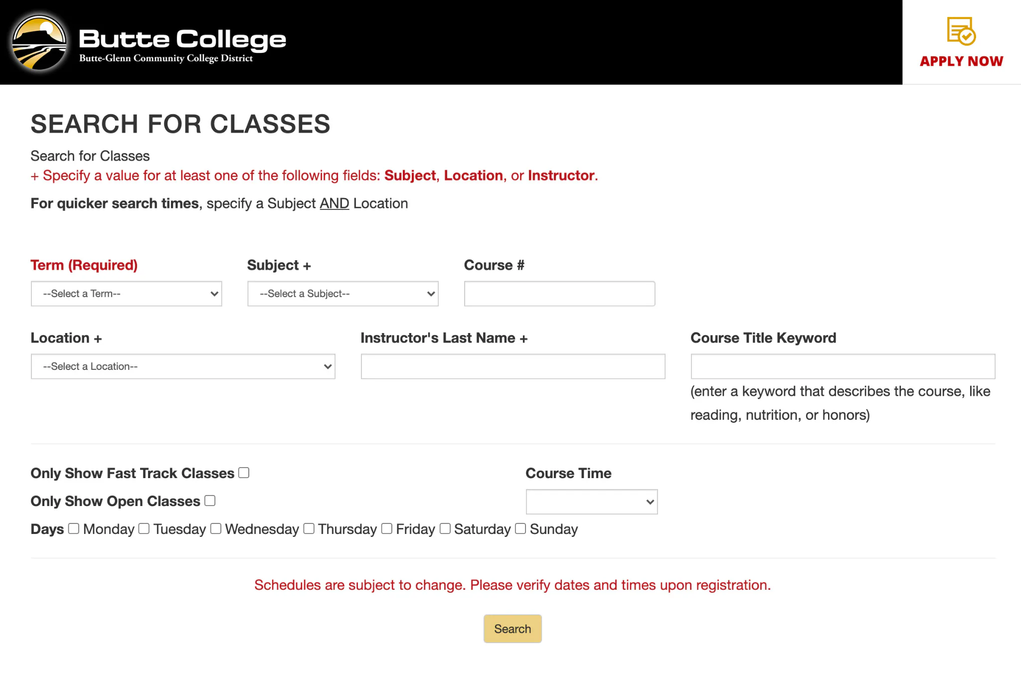 The original Search for Classes page: a dense desktop form with small dropdowns, text fields, rows of day checkboxes, and red instructional text.
