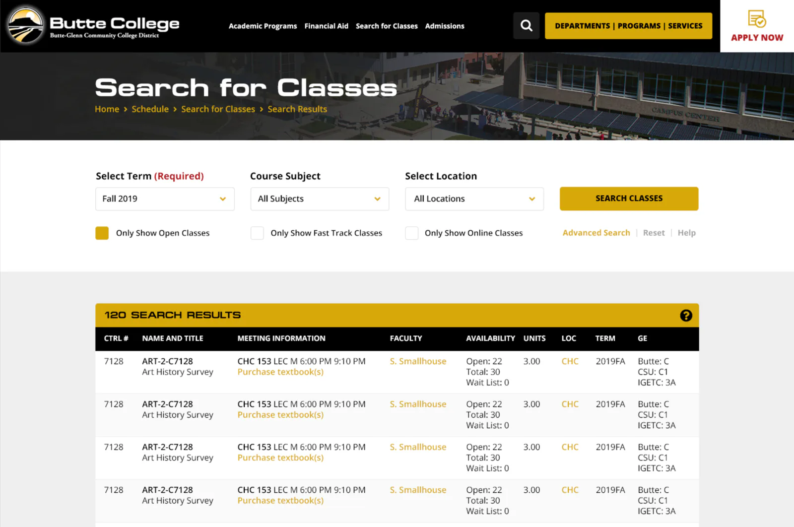 Redesigned Search for Classes on desktop: three primary filters with a gold Search Classes button above a results table of meeting times, faculty, availability, and locations.