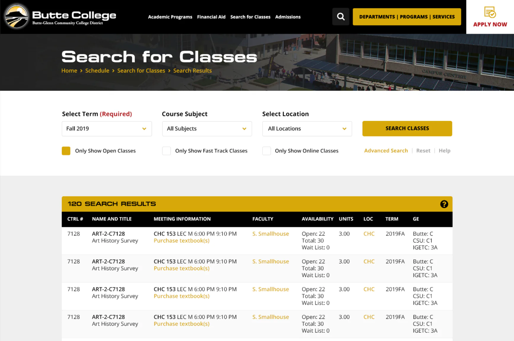Redesigned Search for Classes on desktop: three primary filters with a gold Search Classes button above a results table of meeting times, faculty, availability, and locations.