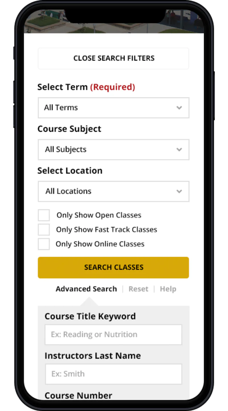 Phone showing the search filters with advanced fields for keyword, instructor, and course number.