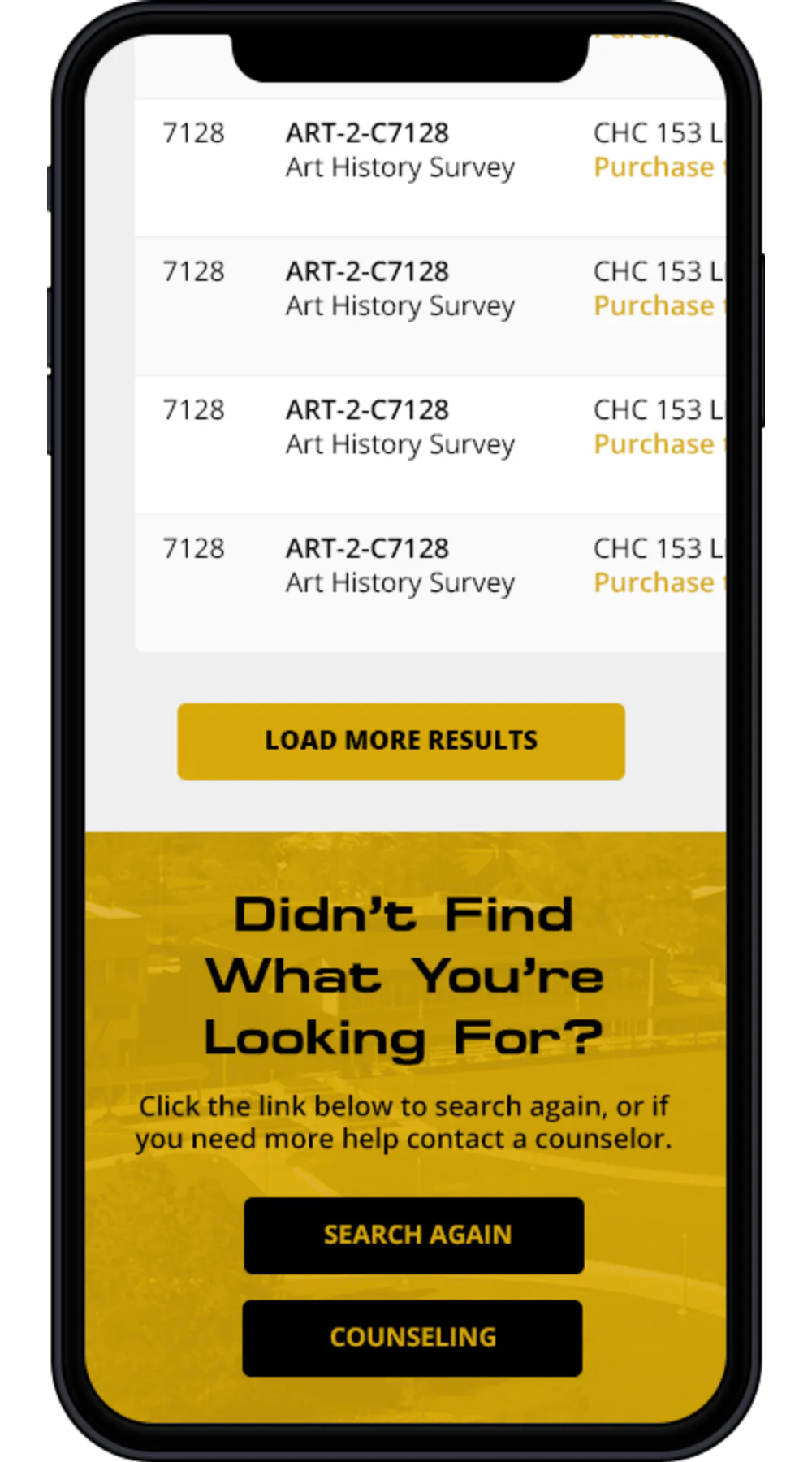 Phone showing a Load More Results button, plus a panel offering Search Again and Counseling.