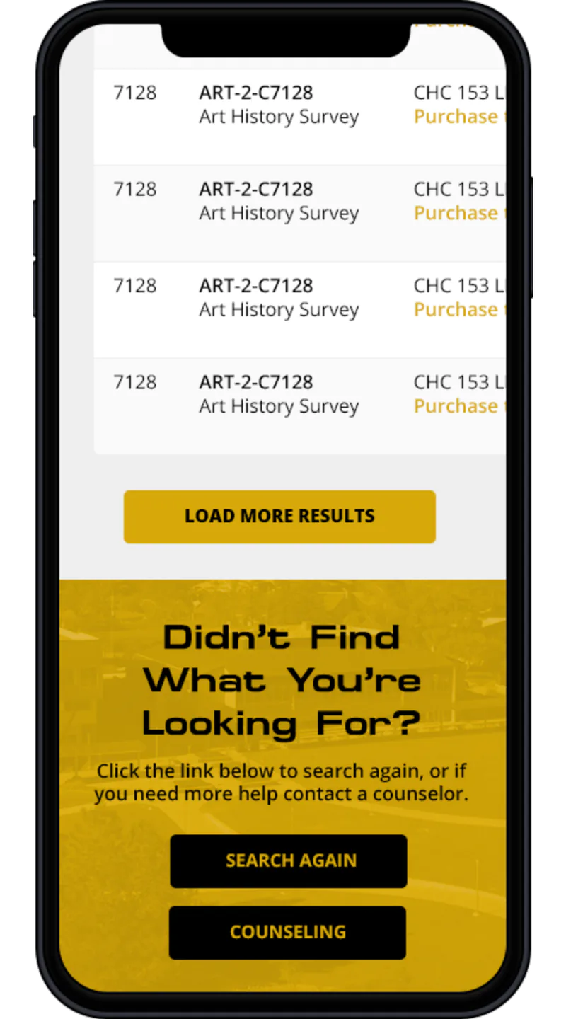 Phone showing a Load More Results button, plus a panel offering Search Again and Counseling.