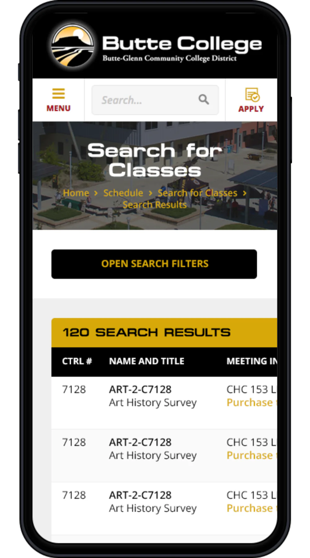 Phone showing 120 search results under an Open Search Filters button.