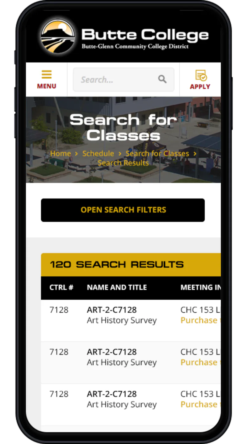 Phone showing 120 search results under an Open Search Filters button.