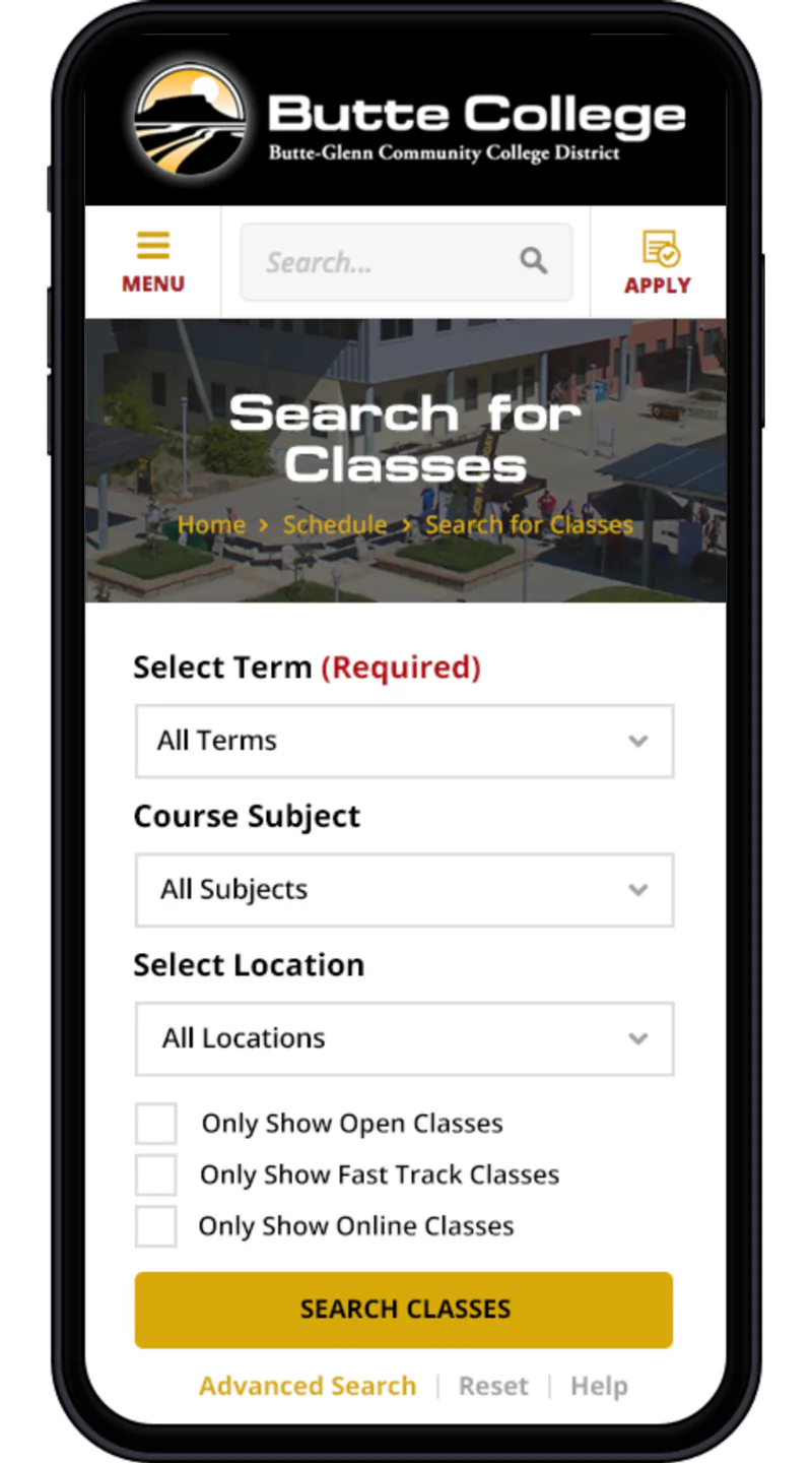 Phone showing the mobile search form: full-width term, subject, and location dropdowns above a Search Classes button.