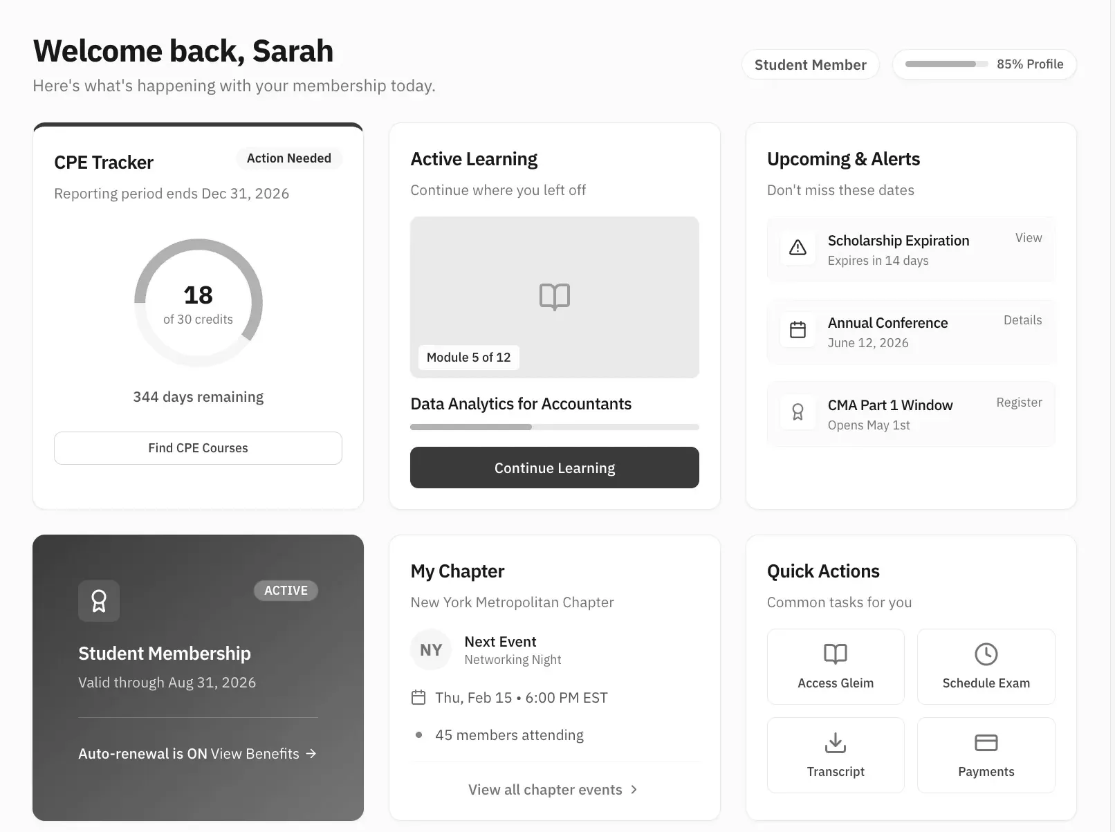 Early grayscale dashboard mock: a CPE tracker at 18 of 30 credits, active learning, alerts, plus a dark Student Membership card at the bottom left.