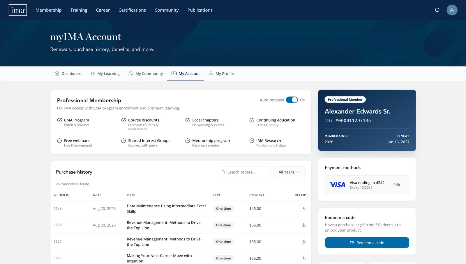 The Account area on desktop: membership benefits, the auto-renewal switch, purchase history with receipts, the saved payment method, and code redemption.