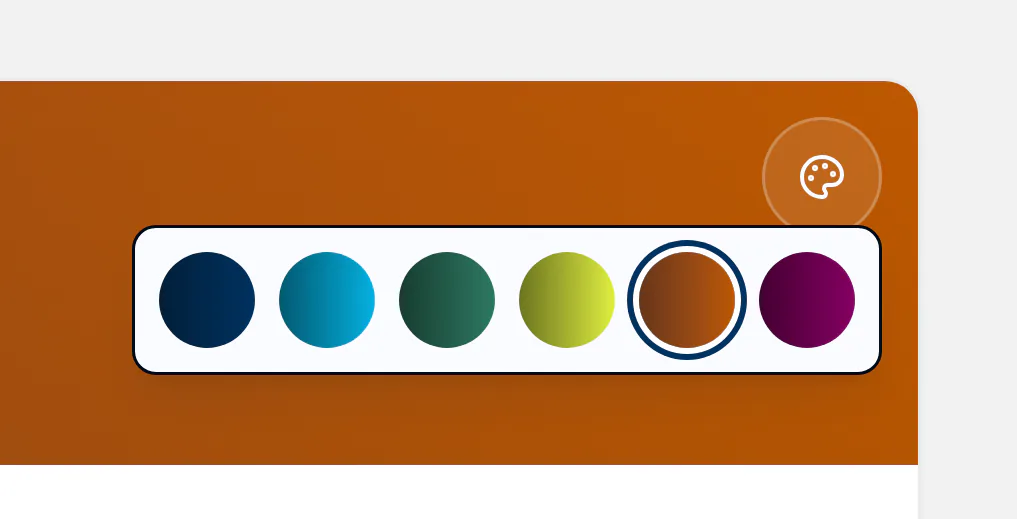 The banner color picker open on an orange profile banner: six gradient swatches from navy to berry, with orange selected.