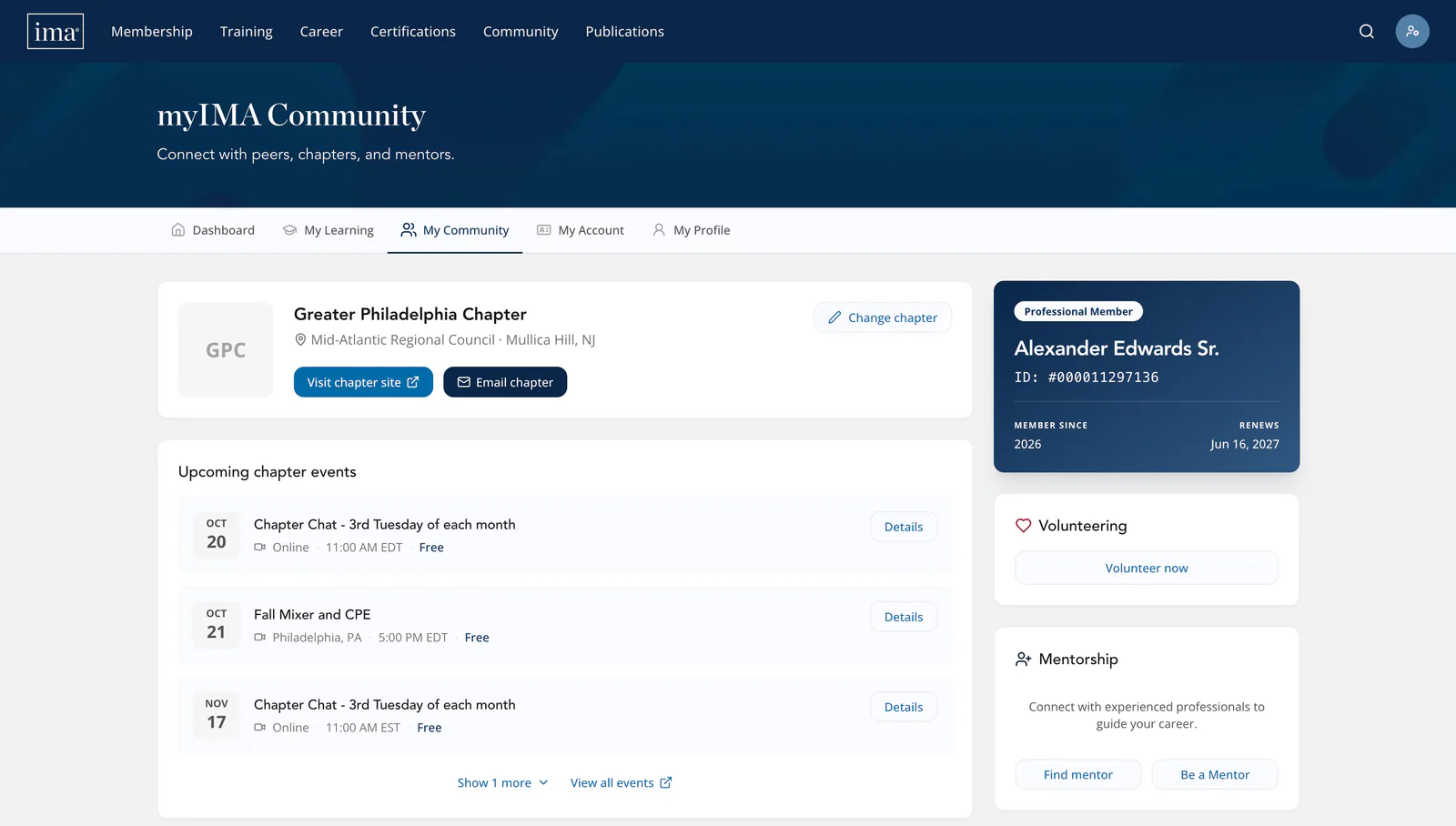 The Community area on desktop: the member’s chapter with links to its website, upcoming chapter events, volunteering, and mentorship.