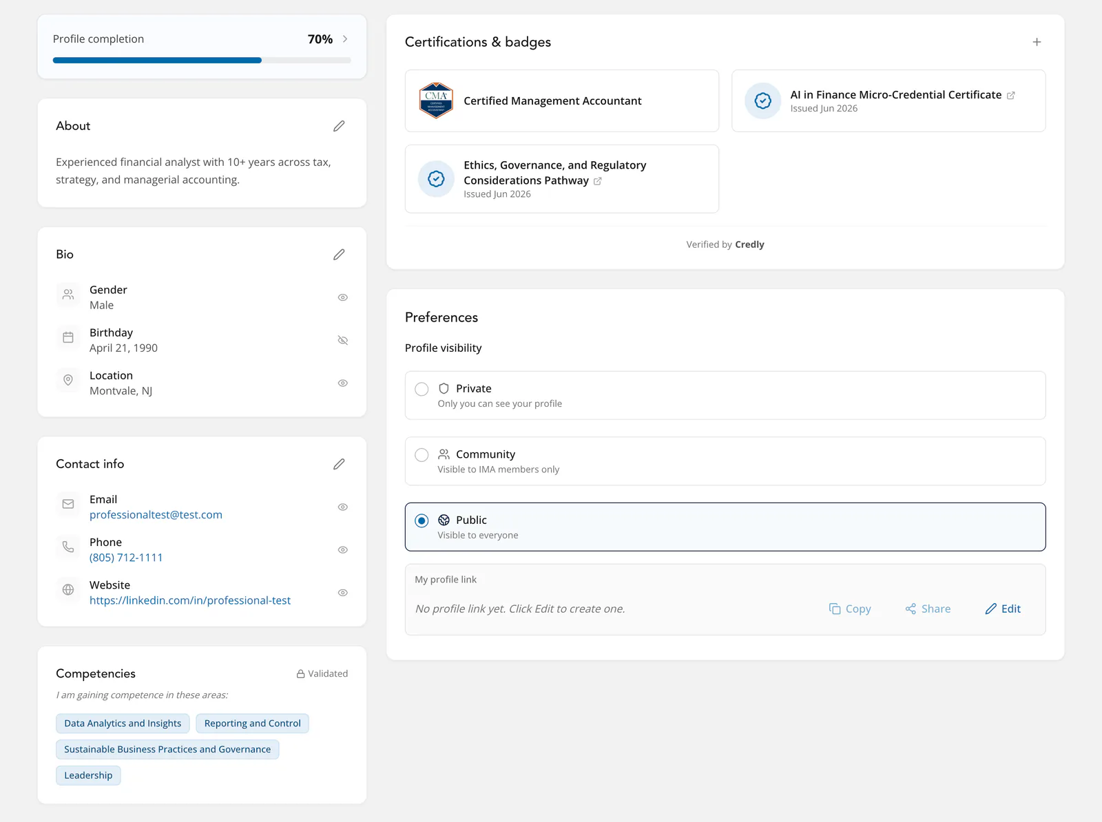 A member’s profile on desktop: certifications plus badges verified by Credly, competencies marked Validated, bio plus contact fields each with a visibility icon, then the profile visibility options with a link to share.