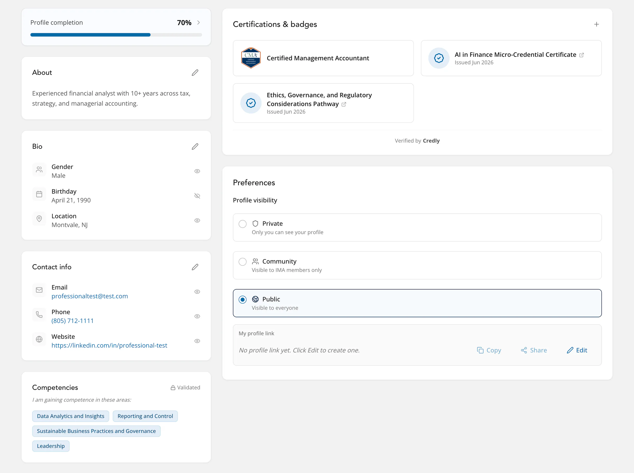 A member’s profile on desktop: certifications plus badges verified by Credly, competencies marked Validated, bio plus contact fields each with a visibility icon, then the profile visibility options with a link to share.