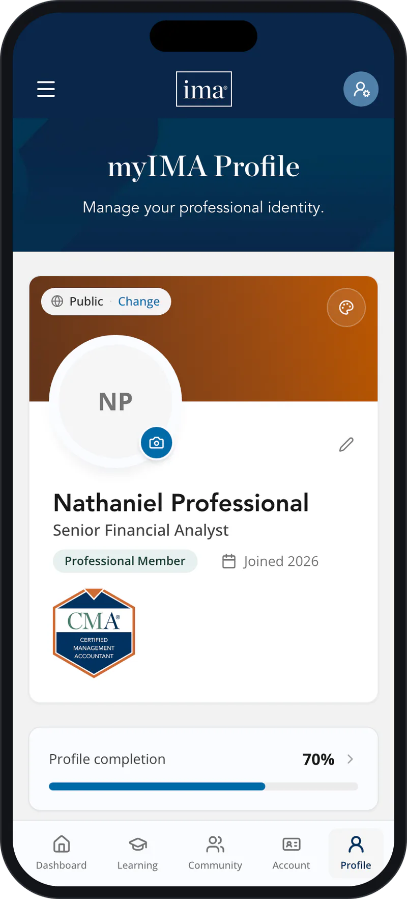 A member’s profile on a phone: a Public visibility setting with a Change link, the member’s name plus title, their membership type, and a CMA credential badge.