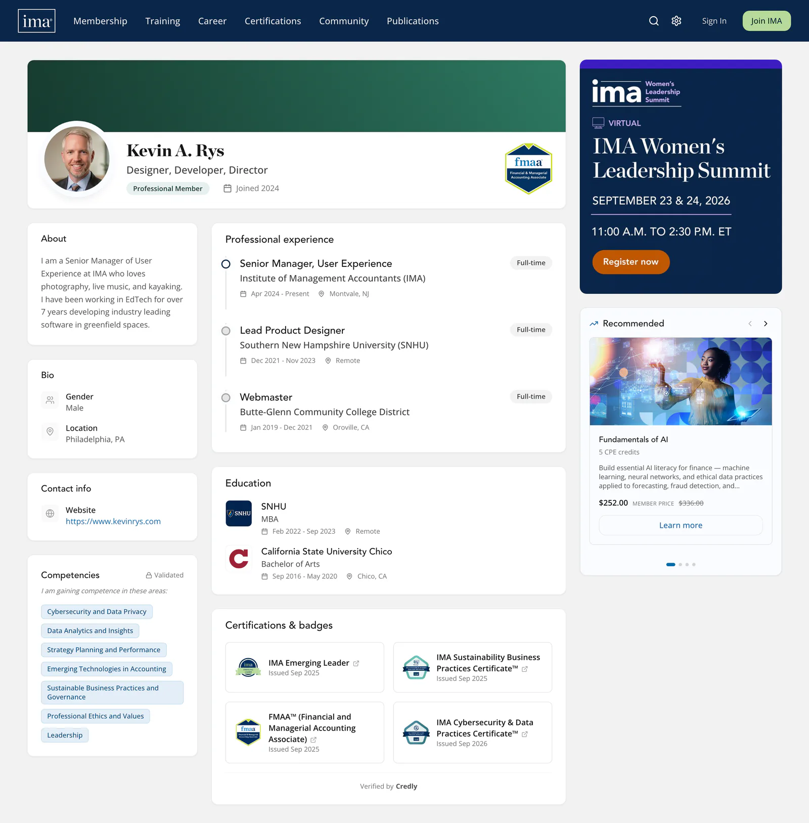 My public profile as a visitor sees it: experience, education, competencies marked Validated, plus four certifications verified by Credly. The sidebar shows an ad for an IMA summit, then recommended courses.