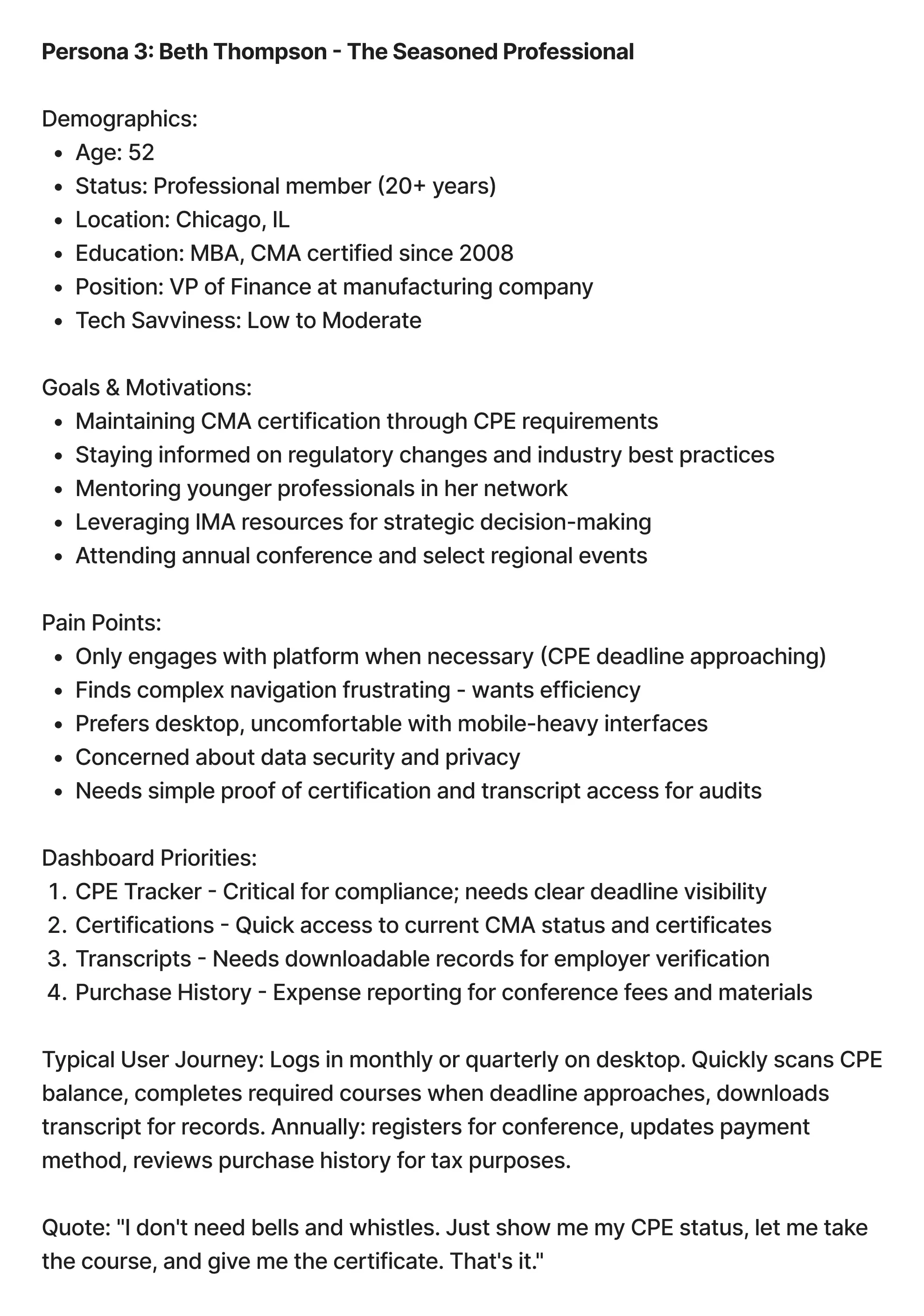 Persona card for Beth Thompson, the seasoned professional: demographics, goals, pain points, dashboard priorities, a typical journey, and a quote.