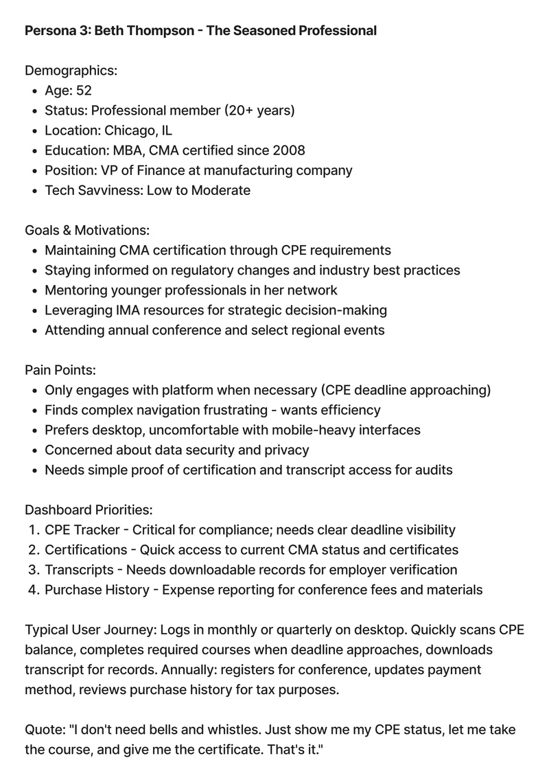 Persona card for Beth Thompson, the seasoned professional: demographics, goals, pain points, dashboard priorities, a typical journey, and a quote.