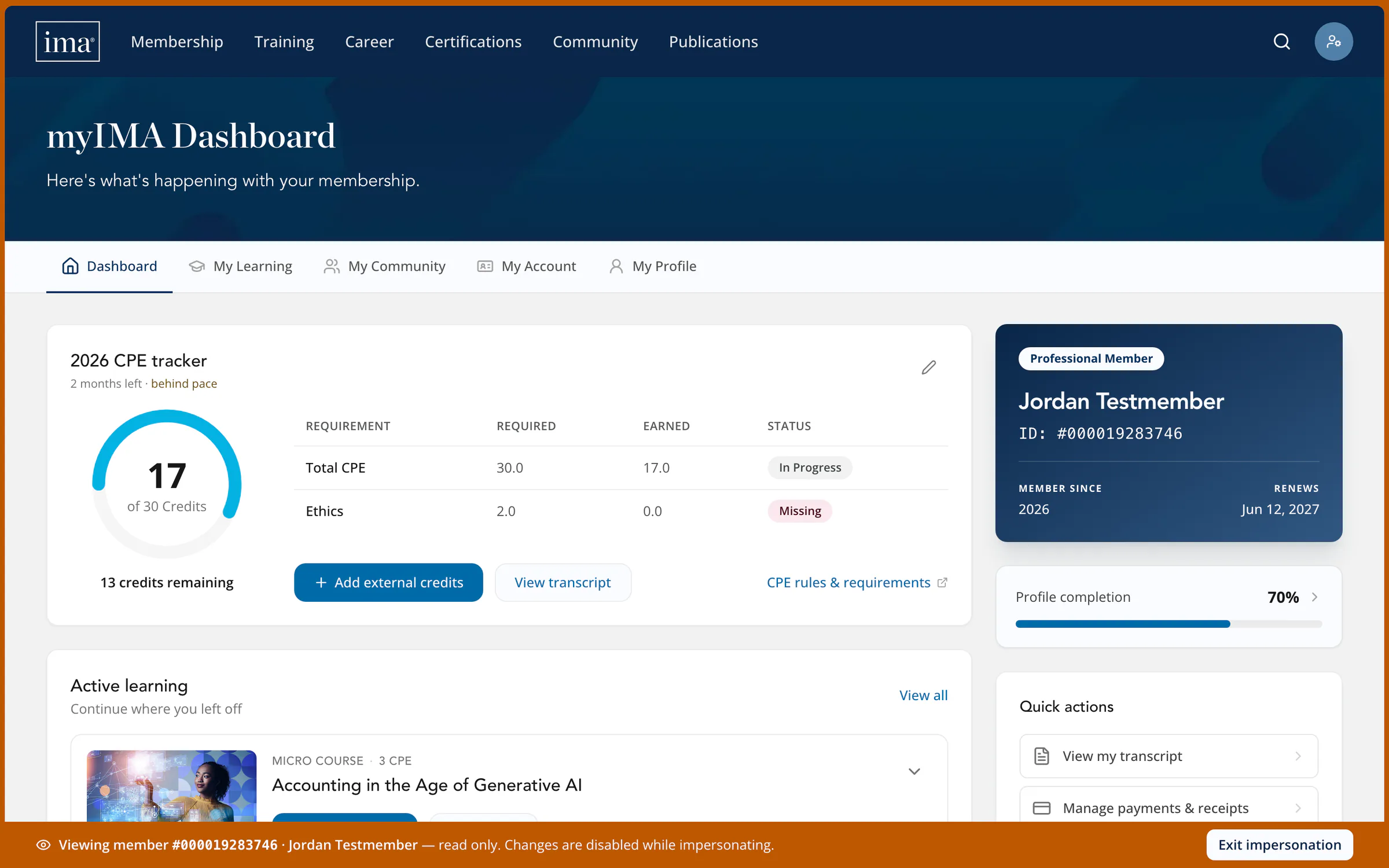 Support staff viewing a test member’s dashboard in the read-only view: an orange frame around the page, plus a bar along the bottom naming the test member, with a button to exit.