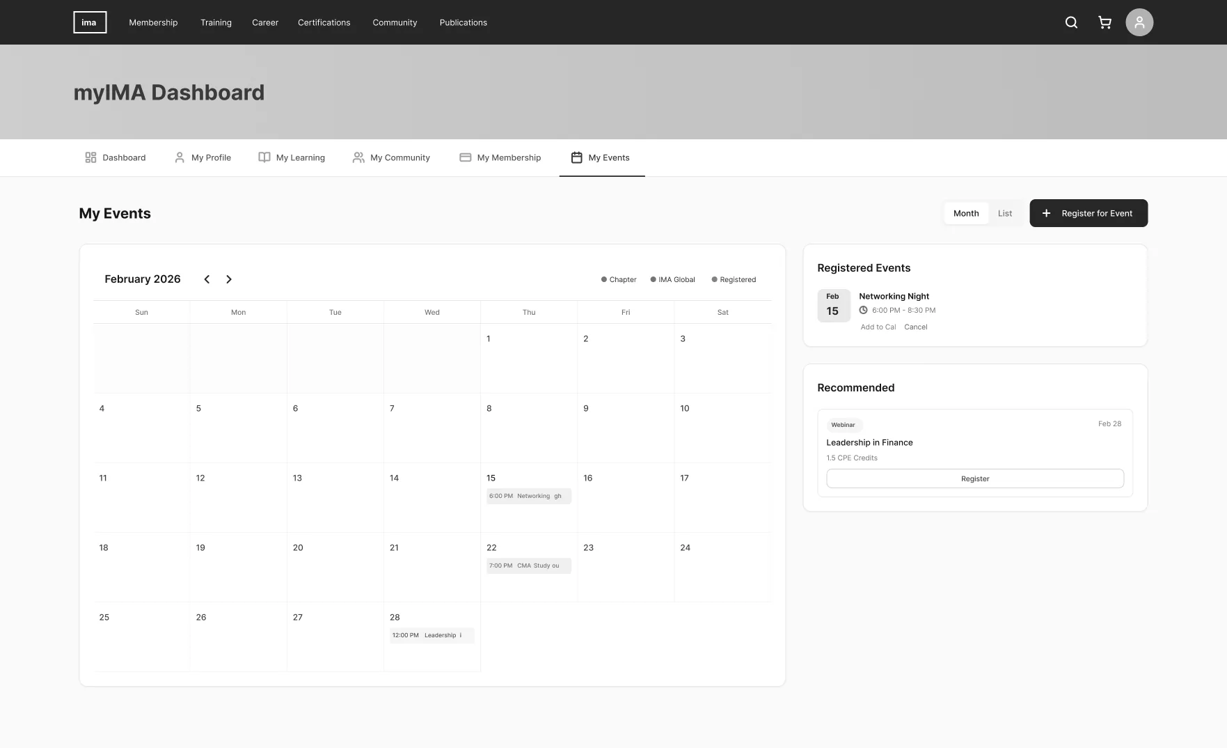 Grayscale wireframe of an early My Events tab with a month calendar, registered events, and recommendations.