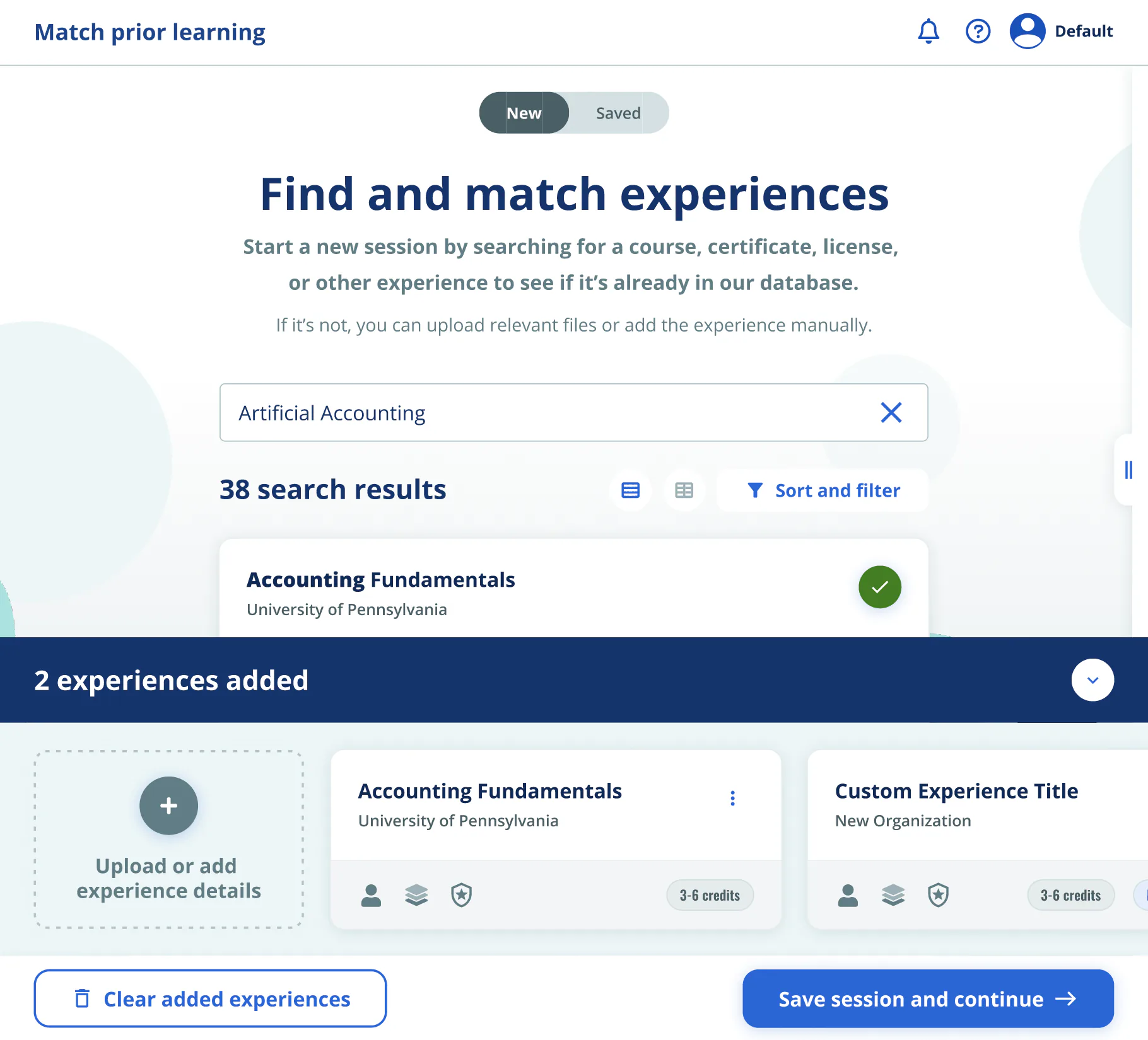 The Find and match screen: a drawer listing two added experiences, plus a card to upload or add more.