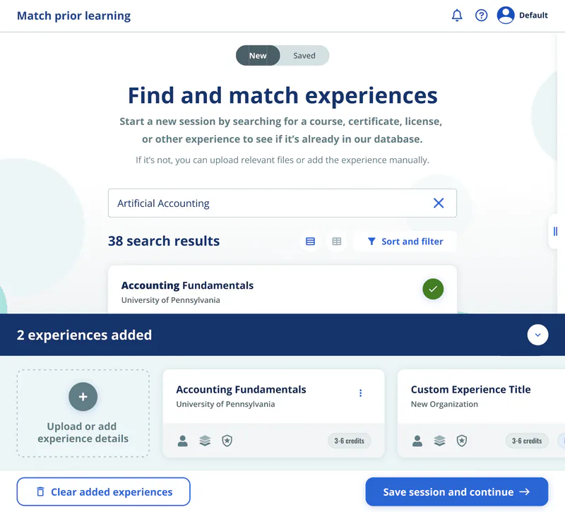 The Find and match screen: a drawer listing two added experiences, plus a card to upload or add more.