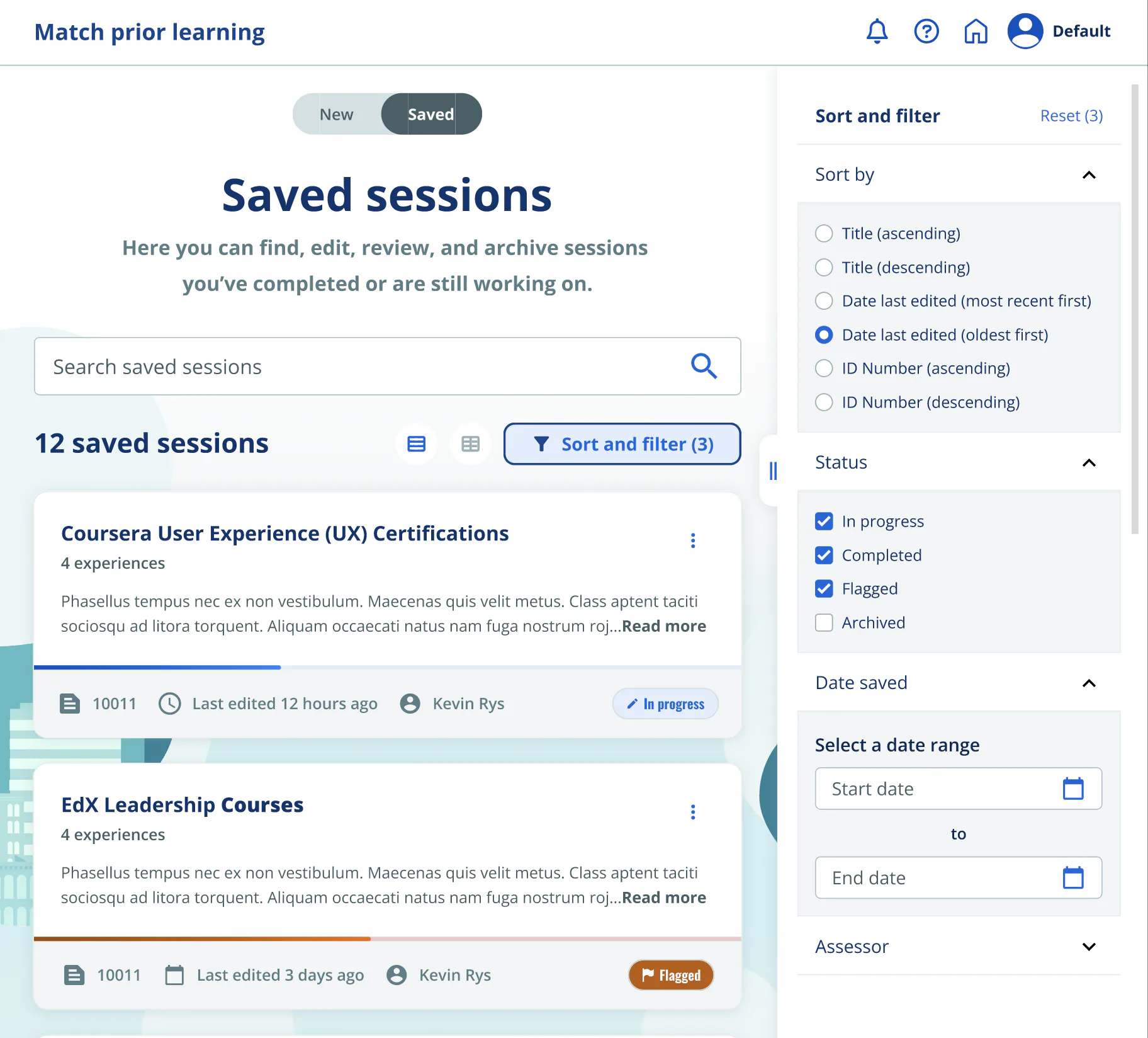 Saved sessions list: a search field, session cards with status labels, plus sort and filter controls.