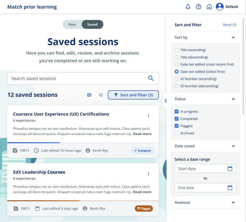 Saved sessions list: a search field, session cards with status labels, plus sort and filter controls.
