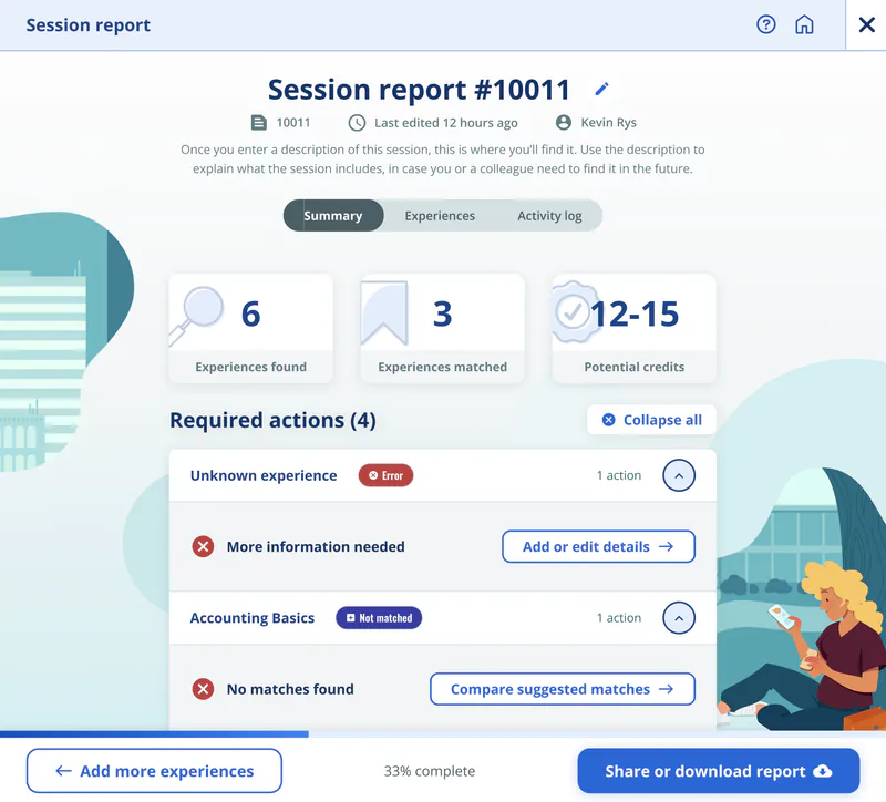 Session report showing 6 experiences found, 3 matched, 12 to 15 potential credits, and a list of four required actions.