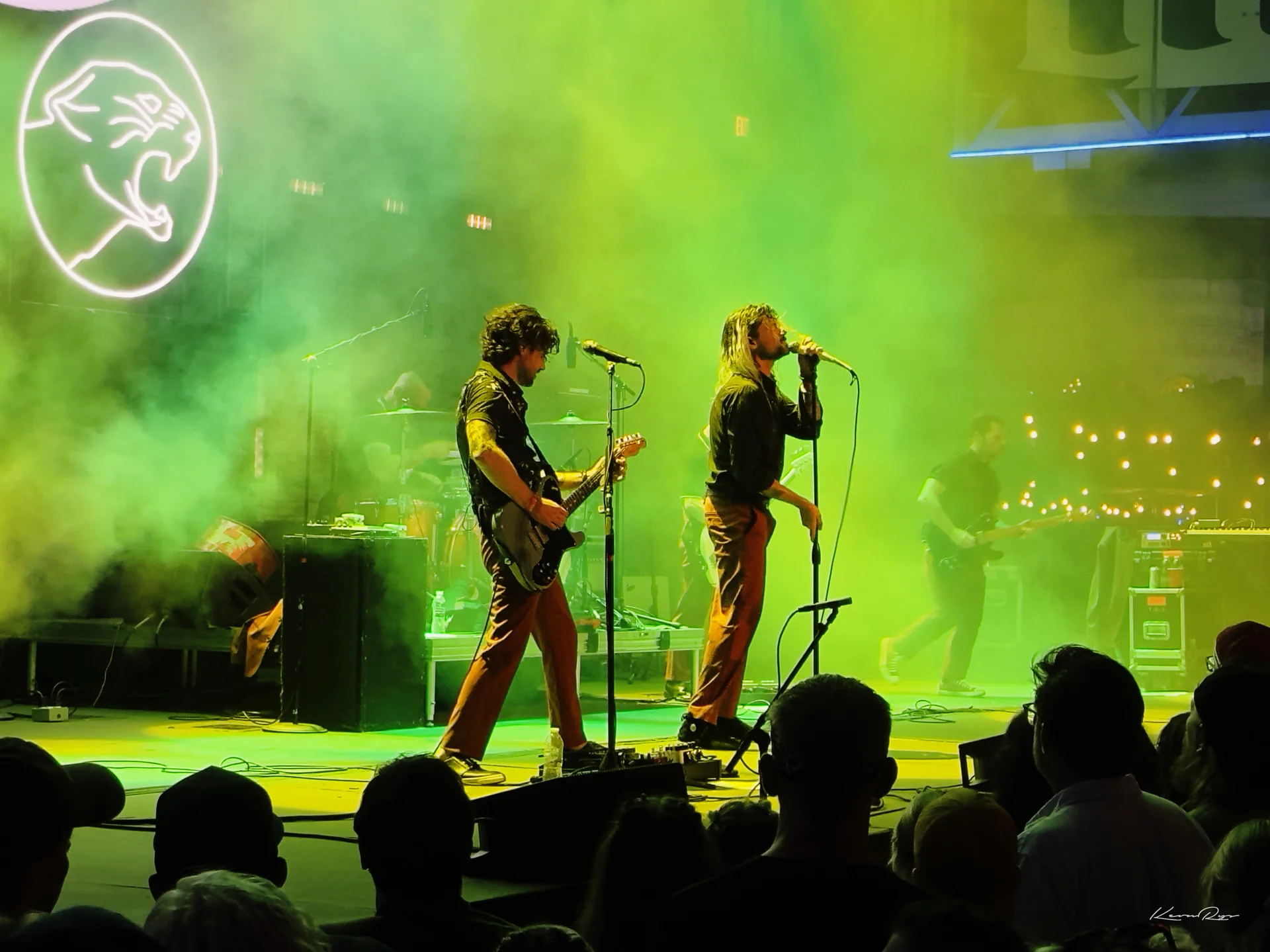 A singer grips the mic beside a guitarist under green haze, a neon panther sign above plus a crowd in silhouette below