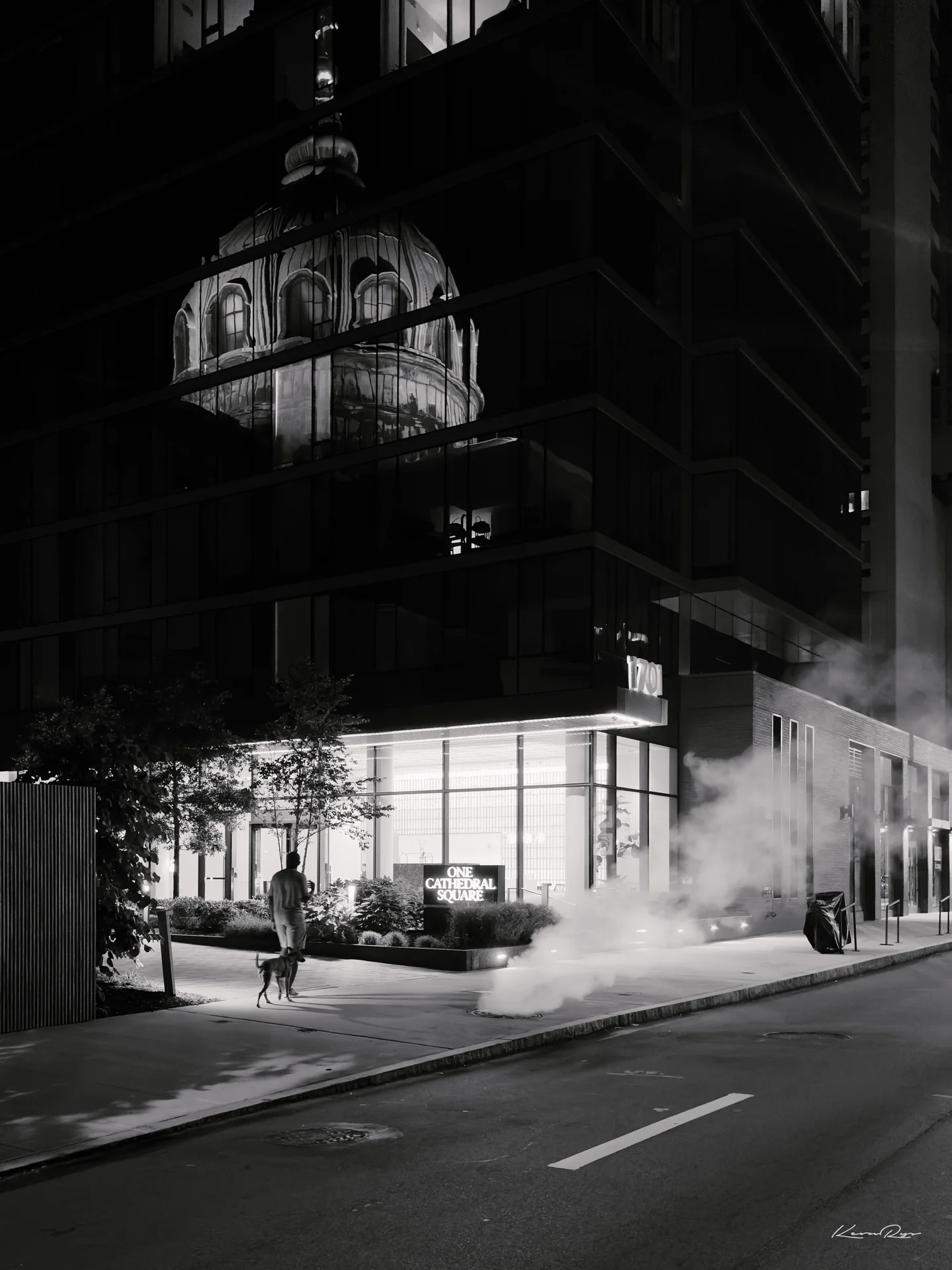 In black-and-white, a domed building reflects in a dark glass tower as a person walks a dog past steam rising from the street