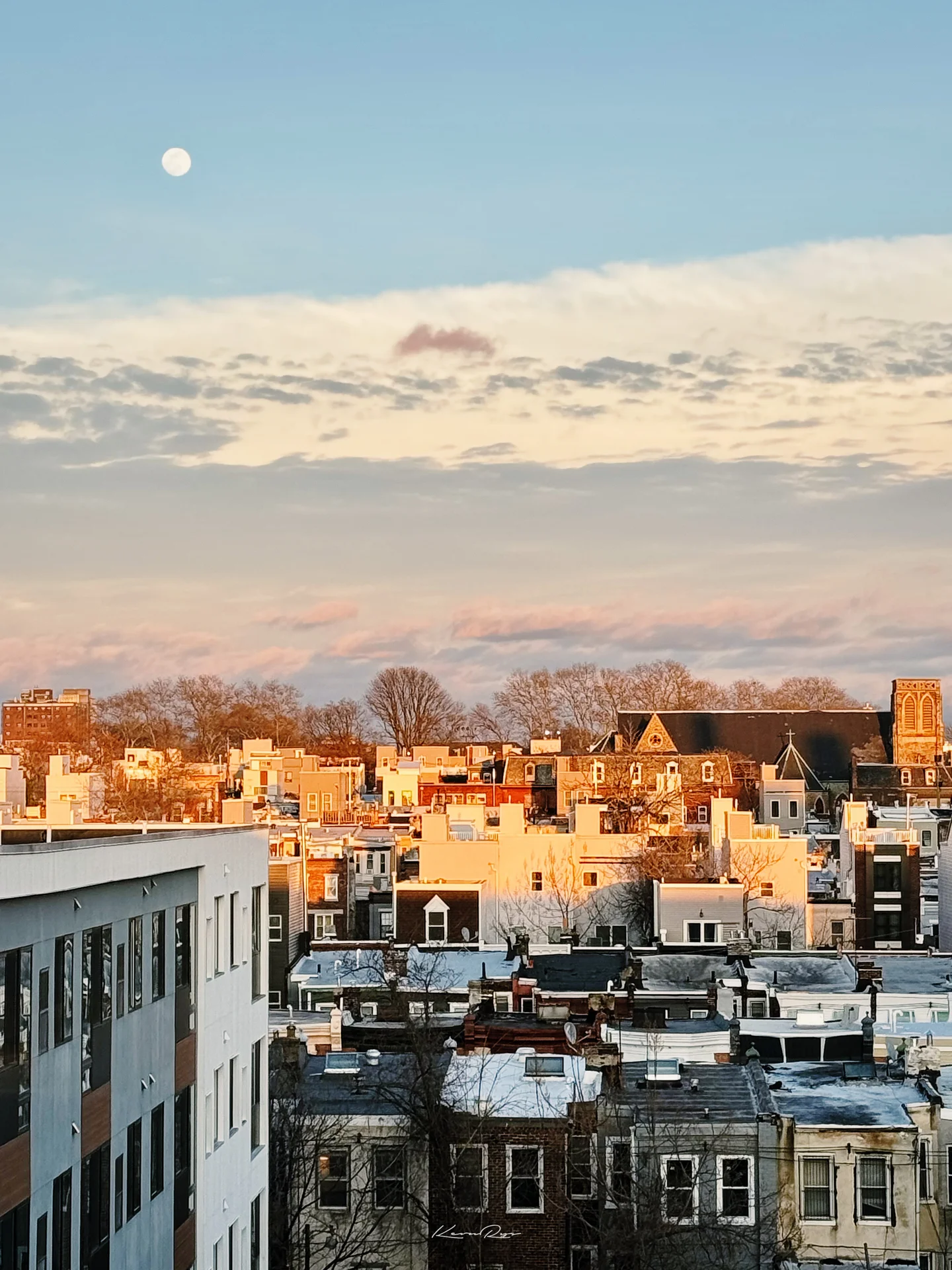A pale moon in a blue sky above pink-tinged clouds, with sunlit rooftops plus bare trees below