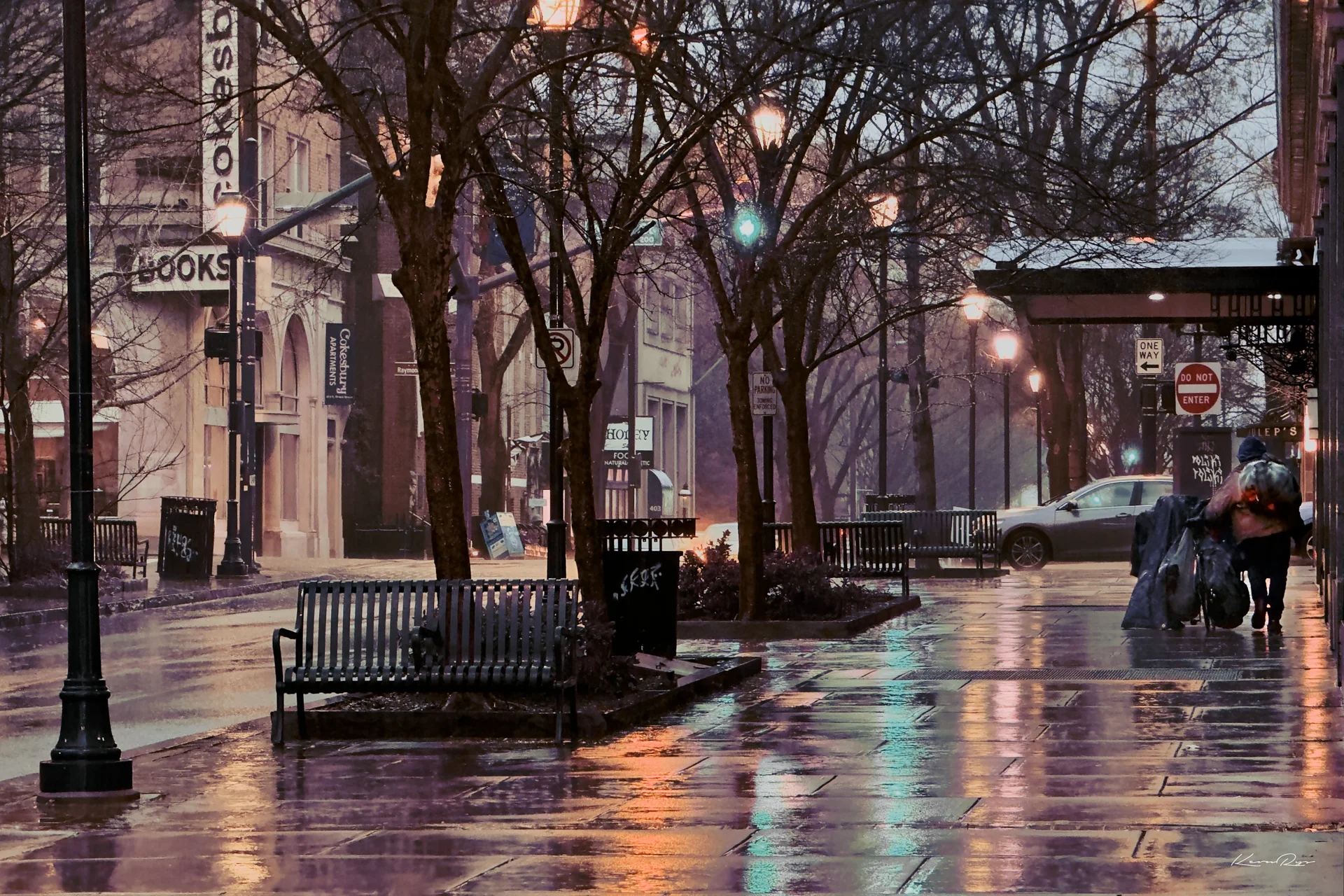 A rain-soaked sidewalk glows under streetlights at dusk, with benches, bare trees plus a person pushing a cart