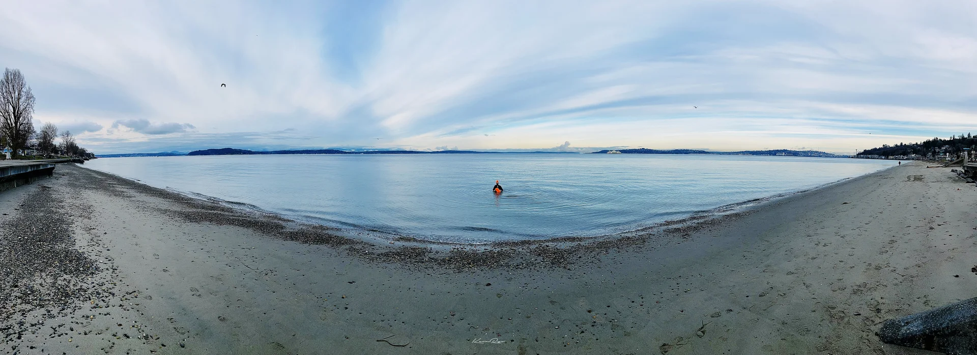 A wide view of a sandy beach curving around calm blue water, one swimmer in an orange cap far out