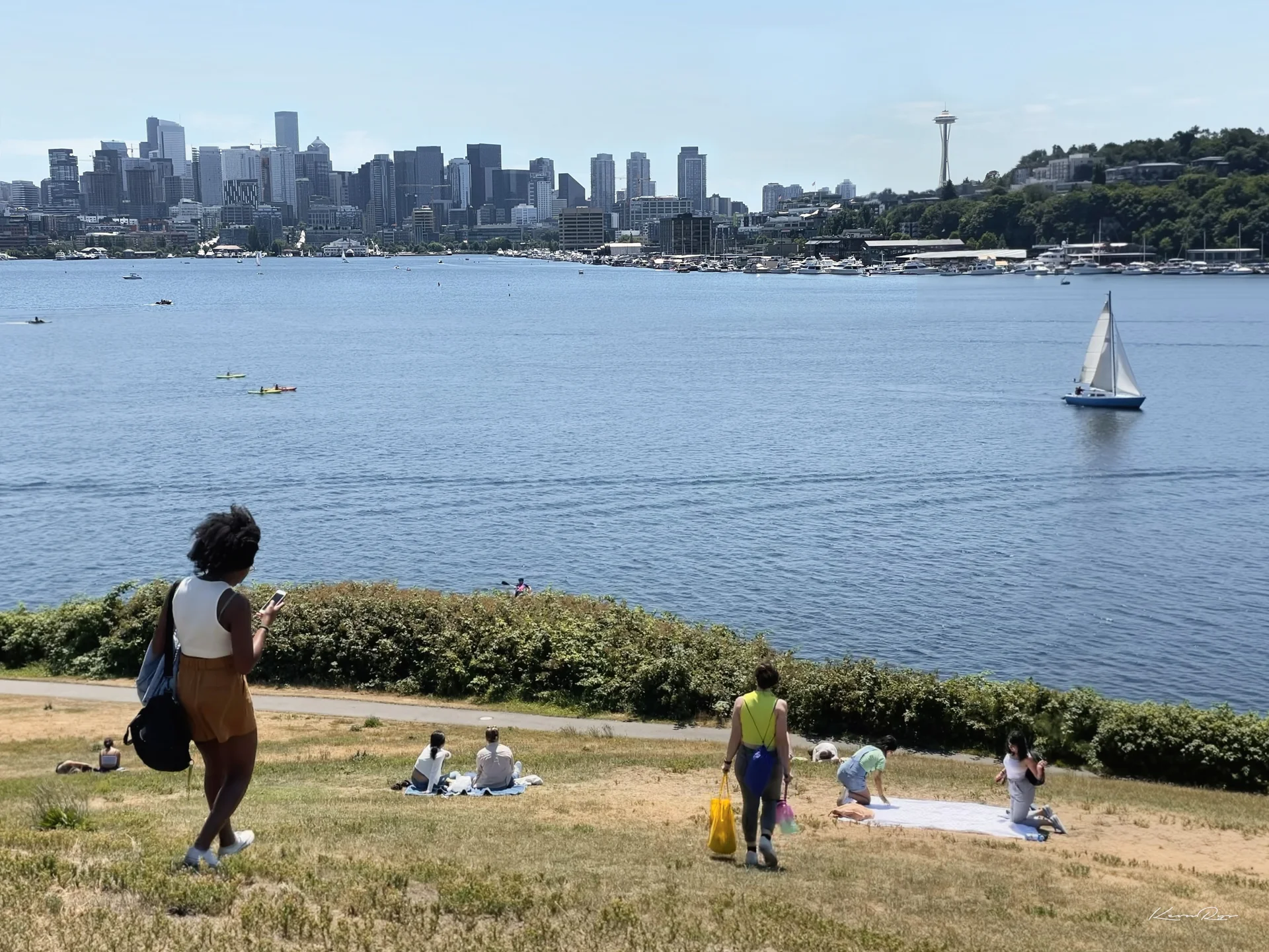 Picnickers on a dry grassy hill above a lake dotted with kayaks and a sailboat, city towers on the far shore