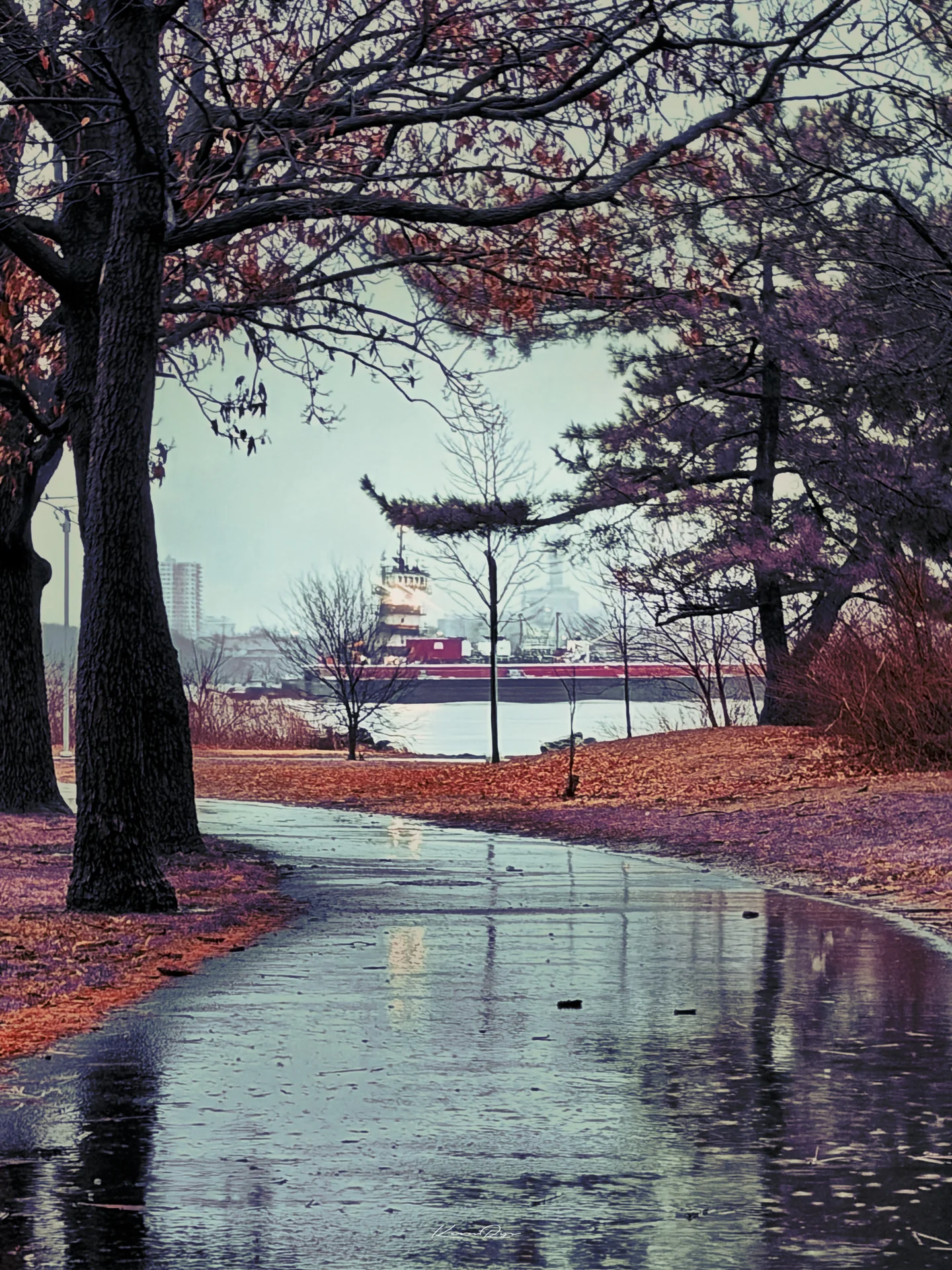 A wet path curves under bare red-leafed trees toward a river, where a lit tugboat pushes a red barge through the haze